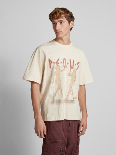 PEQUS T-shirt met label- en motiefprint, model 'Ancient Love Story' Zand - 4