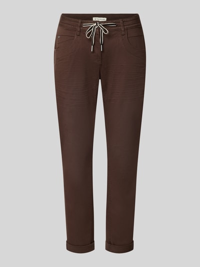 Produktfoto, Relaxed Fit Chino aus Baumwoll-Mix von Tom Tailor in Dunkelbraun, glatte Textur mit sichtbaren Nähten, Damen Chino von Tom Tailor