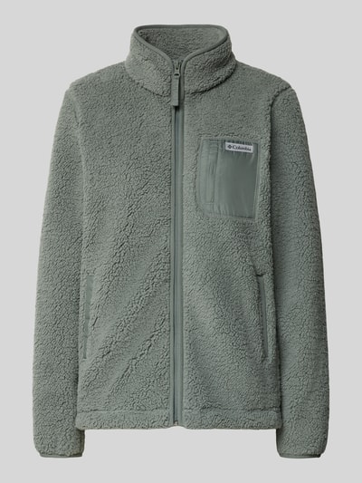 Produktfoto, Fleecejacke mit Stehkragen und Label-Detail von Columbia in Grau mit Reißverschluss und Eingrifftaschen, weiche Struktur