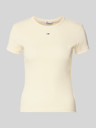 Produktfoto, Slim Fit T-Shirt aus Baumwoll-Mix von Tommy Jeans in Optik: Unifarben mit Logo-Stitching, Rundhals, Kurzarm, Ripp-Struktur.