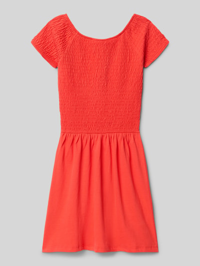 Productfoto, Tailliertes Freizeitkleid aus reiner Baumwolle van s.Oliver RED LABEL, uni rood, midi-lengte, Carmen-hals, korte mouw, uitlopend model, geweven katoen.