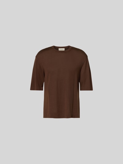 Produktfoto, braunes Relaxed Fit T-Shirt aus Lyocell-Woll-Mix von Officine Générale mit Rundhalsausschnitt, semitransparent, Halbarm, neutrale Oberfläche