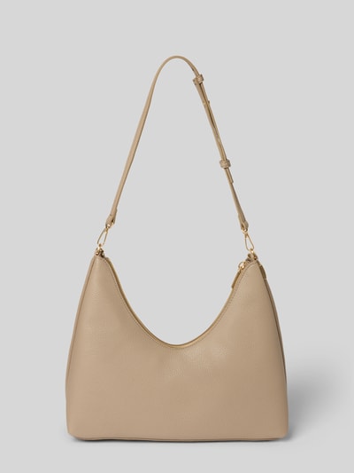 Produktfoto, Handtasche mit Label-Detail von CK Calvin Klein w kolorze beżowym, tekstura skóropodobna, srebrny zamek, szerokość w rozmiarze 1: 24 cm, długość 27 cm, głębokość 11 cm, długość paska 68 cm, komora główna i kieszeń wewnętrzna na zamek
