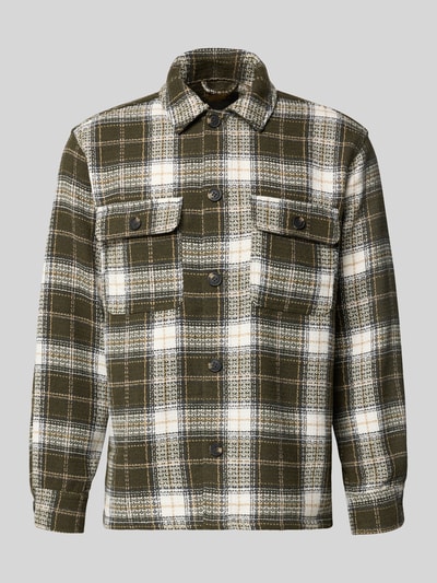 Produktfoto, Regular Fit Hemdjacke mit Brusttaschen Modell 'REGENT' von JACK & JONES, fein strukturierte Oberfläche, kariert in Grün, Weiß und Schwarz, Kentkragen, Knopfleiste, Herrengröße M, Rückenlänge 74 cm, Schulterbreite 42 cm, Brustweite 58 cm, Ärmellänge 65 cm