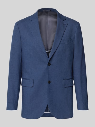 Produktfoto, Straight Fit Sakko aus Leinen-Mix Modell 'Charles' von Matinique in Blau mit Reverskragen und Pattentaschen auf grauem Hintergrund