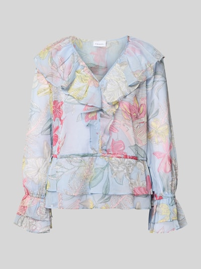 Produktfoto, Regular Fit Bluse mit Volants und Trompetenärmeln von Comma in hellem Allover-Look, V-Ausschnitt, florales Muster, transparente Textur