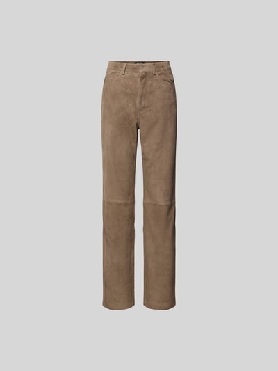 Produktfoto, Stoffhose aus echtem Ziegenvelours von ROTATE in Hellbraun, Straight Fit, 5-Pocket, Gürtelschlaufen, weiche Wildledertextur.