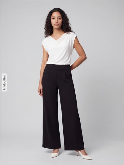 Frauenmodel trägt Regular Fit Blusentop aus reiner Viskose von s.Oliver BLACK LABEL, unifarben, Satin-Textur, Ganzkörperansicht von vorne, KI-modifiziertes Bild