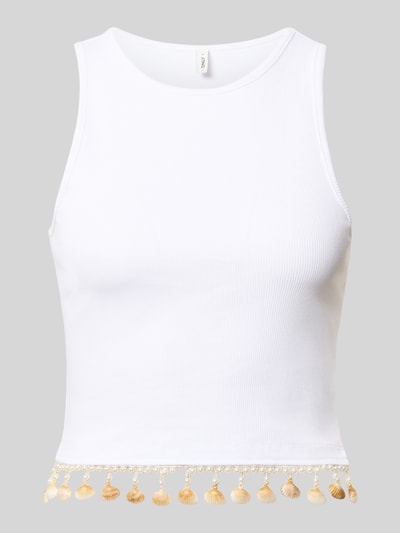 Produktfoto, Slim Fit Top aus Baumwoll-Mix Modell 'SHELLY' von Only, Optik: Unifarben in Weiß, Applikation: Perlen, Muscheln, Feinripp-Struktur