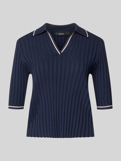 Produktfoto, dunkelblaues Slim Fit Poloshirt aus Viskose-Mix Modell 'SIMOSA' von Vero Moda, unifarben, Rippstrick, Kontraststreifen am Kragen und Ärmelabschluss