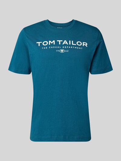 Produktfoto, Regular Fit T-Shirt aus reiner Baumwolle von Tom Tailor, efekt: jednolity kolor, krój regular fit, nadruk z logo, dekolt:, krótki rękaw, wykończenie materiału: dżersej, materiał: czysta bawełna