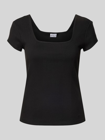 Produktfoto, schwarzes T-Shirt in Ripp-Optik mit Karree-Ausschnitt aus Baumwoll-Elasthan-Mix, Slim Fit, JAKE*S STUDIO WOMAN, neutrale Fläche.