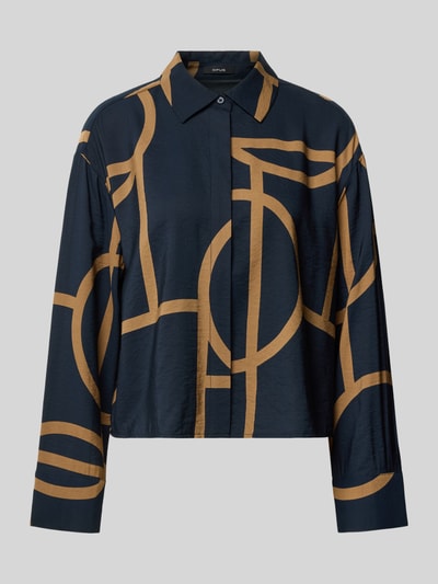 Produktfoto, blouse met lange mouwen van viscosemix model 'Fordoa' van OPUS, donkerblauw met camel geometrisch dessin, Dames