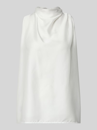Produktfoto, Blusentop aus Satin mit Raffungen von Swing in Weiß, glänzende glatte Oberfläche, Regular Fit, Stehkragen, neutraler Hintergrund