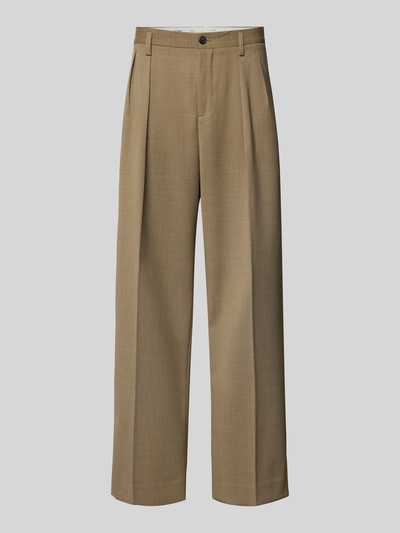 Produktfoto, Wide Fit Stoffhose aus Woll-Mix von Filippa K in Beige mit Kellerfalte, Gesäßtasche, Knopf-Reißverschluss, Struktur klar erkennbar, Herren, Bundweite 45 cm, Innenbeinlänge 79 cm, Größe 50.