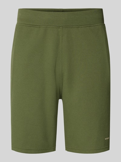 Produktfoto, grüne Straight Fit Shorts mit Strukturmuster von G-Star Raw aus elastischem Baumwollmix, elastischer Bund, Logo-Detail vorne