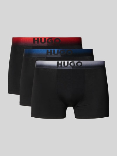Produktfoto, Slim Fit Trunks aus Modal-Mix im 3er-Pack Modell 'SPRAY' von HUGO, krój slim fit, pas z logo, elastyczny ściągacz, zestaw 3 szt., wykończenie materiału: mieszanka modalu, tkana faktura, kolor czarny z kolorowymi gumkami