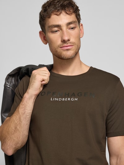 Lindbergh T-shirt met labelprint, model 'Copenhagen' Donkerbruin - 3