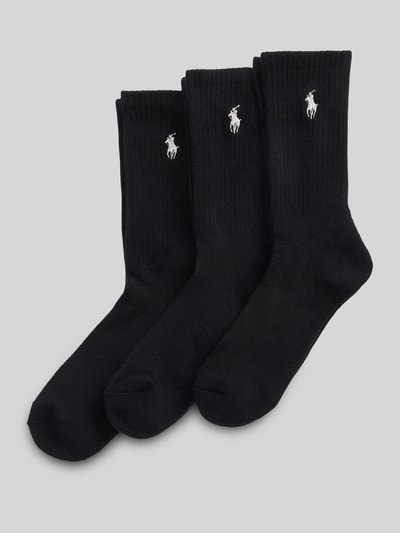 Produktfoto, Socken im 3er-Pack aus Baumwoll-Mix von Polo Ralph Lauren, unifarben schwarz, gerippte Textur, elastischer Bund, Logo-Stitching