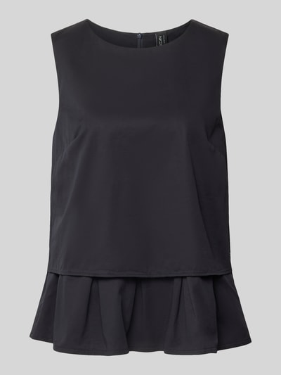 Produktfoto, Blusenshirt mit Volantsaum und Rundhalsausschnitt von Marc Cain in Schwarz, Baumwoll-Mix mit Viskose, gerader Schnitt, Rückseitiger Reißverschluss, strukturierte Oberfläche, Rückenlänge bei Größe 36: 59 cm.