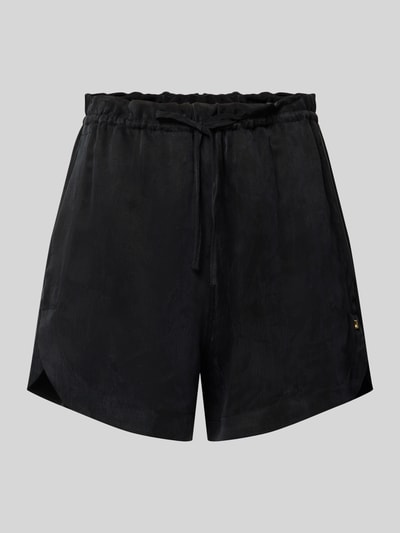 Produktfoto, schwarze Loose Fit Shorts mit Label-Applikation Modell 'HERMIONE-1' von HUGO, unifarbene Optik, elastischer Bund, Seitenschlitz, Eingrifftaschen, glatte Textur
