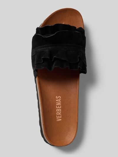 Produktfoto, Slipper aus echtem Leder Modell 'Rocio' von Verbenas in Schwarz mit Rüschenbesatz, profilierter Sohle und offener Ferse, Damen, Absatzhöhe 3 cm, abgerundete Passform.