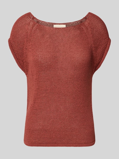 Produktfoto, T-Shirt in Strick-Optik mit Rundhalsausschnitt von Stefanel, Damen T-Shirt aus Baumwoll-Flachs-Mix, Straight Fit, Rostrrot, Struktur, Raglanärmel, Rückenlänge 52 cm bei Größe S