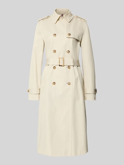 Productfoto, Slim Fit Trenchcoat aus reiner Baumwolle van Tommy Hilfiger, unikleurig, lange mouwen, dubbele knoopsluiting, riem, twillstructuur