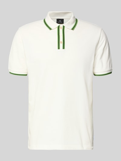 Produktfoto, Regular Fit Poloshirt mit Kontraststreifen von PAUL SMITH aus Baumwoll-Elasthan-Mix in Weiß mit grünen Details auf grauem Hintergrund