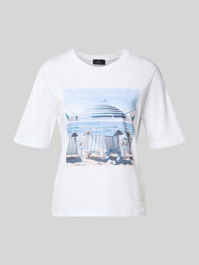 Produktfoto, T-Shirt mit Motiv-Print Modell 'Beach Dogs' von monari aus weißer Baumwolle, Rundhalsausschnitt, Regular Fit, Print in Blau- und Beigetönen
