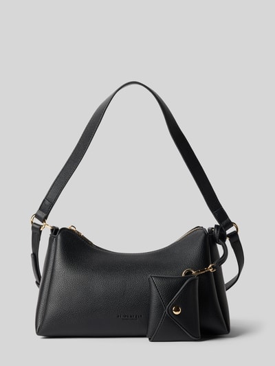Produktfoto, czarna Handtasche mit Label-Detail Modell 'MELOY' von Seidenfelt, fakturowana skóra, złote okucia, główna komora na zamek, szeroki regulowany pasek na ramię, szerokość w rozmiarze 1: 29 cm, długość: 18 cm, głębokość: 13 cm, długość paska: 63 cm