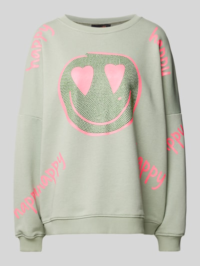 miss goodlife Sweatshirt met strass-steentjes, model 'Happy Heart Face' Rietgroen - 2