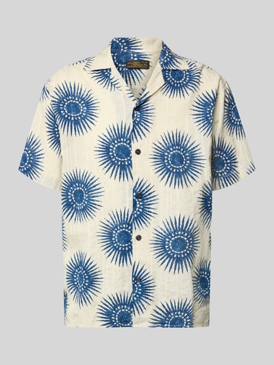 Produktfoto, Regular Fit Freizeithemd im Allover-Look Modell 'BILBAO' von Jack & Jones Premium aus reiner Baumwolle, beige Grundton mit blauen, runden Sonnen-Motiven, kurzer Schnitt, strukturierte Stofftextur, Reverskragen.