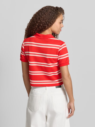 Frauenmodel trägt Cropped Poloshirt mit Label-Patch von Karo Kauer in Rot-Weiß, Material-Mix mit Baumwoll-Anteil, Straight, Rückenlänge 47 cm, Ganzkörperansicht Rückansicht.
