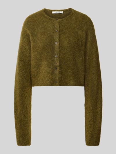 Produktfoto, Strickjacke aus Woll-Mohair-Mix Modell 'debbie' von Gestuz in olivgrün mit gerippten Abschlüssen und Knopfleiste, lockere Passform