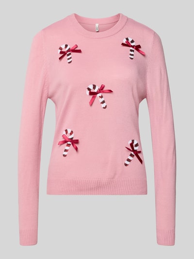 Produktfoto, Regular Fit Weihnachtspullover mit Pailletten-Motiv Modell 'XMAS SHINE' von Only, różowy, długi rękaw, dzianina, aplikacje, dekolt okrągły