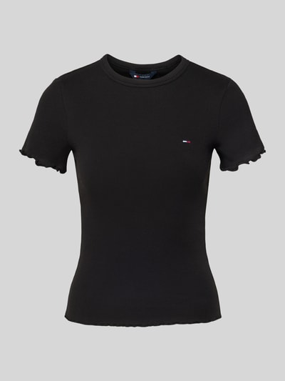 Produktfoto, Slim Fit T-Shirt aus Baumwoll-Mix von Tommy Hilfiger, czarny, krój slim fit, jednolity, krótki rękaw, frill, logo detal, cienki prążkowany materiał