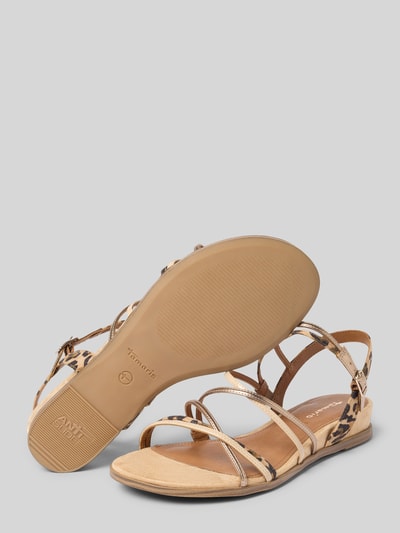 Produktfoto, Sandalen mit Strasssteinbesatz von Tamaris in Optik: Unifarben mit abgerundeter Schuhspitze, Absatzform: Flach, Label-Prägung, Applikation: Strasssteinbesatz, Verschluss: Dornschließe, strukturierte Sohle