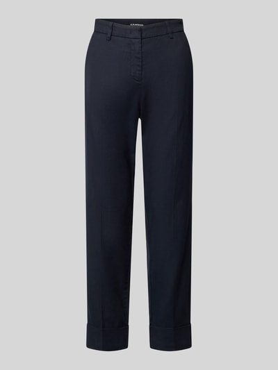 Produktfoto, Leinenhose mit Baumwoll-Anteil von Cambio in Dunkelblau aus elastischem Leinen-Baumwoll-Mix, Straight Fit, umgeschlagene Beinabschlüsse. Modell Krystal, verkürzte Passform, Gürtelschlaufen, Knopf- und Reißverschluss, Eingriff- und Gesäßtaschen.