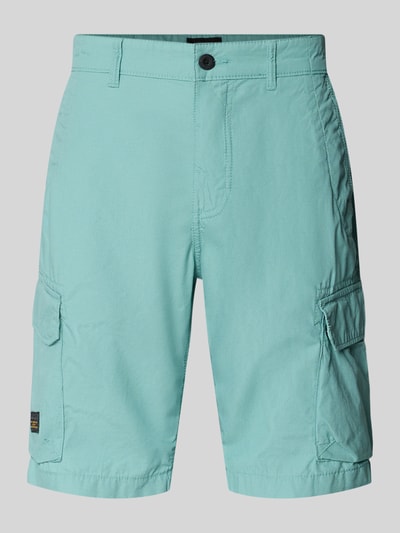 Produktfoto, Bermudas met cargozakken van camel active in licht turquoise, puur katoen, regular fit, steekzakken, labeldetail, bandwijdte maat 32: 44 cm, binnenbeenlengte: 26 cm