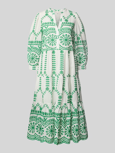 Produktfoto, Tunikakleid mit Volantsaum und kurzer knoopsluiting van Apricot van puur katoen met ajourwerk in groen op wit, los model, midi-jurk, serafinohals