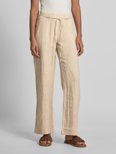 MAC Spodnie lniane z prostą nogawką i wiązanym paskiem model ‘Chiara’ Beżowy 4