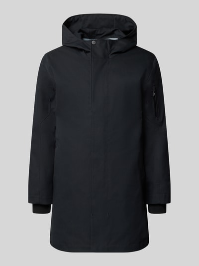 Produktfoto, schwarze Regular Fit Jacke aus Baumwoll-Mix Modell 'Globe Evo' von g-lab mit Kapuze, Armtasche, Eingrifftaschen, elastische Ärmelabschlüsse, glatte Textur