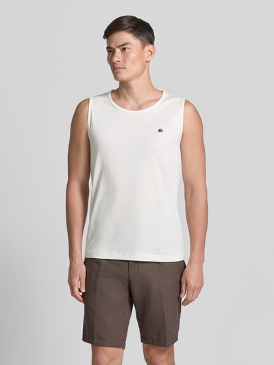 Männermodel trägt Tanktop mit Rundhalsausschnitt und Logo-Print von Lerros aus Reine Baumwolle, Regular-Fit, Rückenlänge 69 cm, Ganzkörperansicht von vorne.