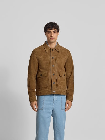 Officine Générale Regular Fit Jacke aus reinem Ziegenleder Mittelbraun 4