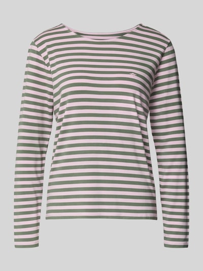 Productfoto, Regular Fit Longsleeve uit viscosemix van Fynch-Hatton, roze-groen gestreept, ronde hals, logo-stitching, damesshirt.