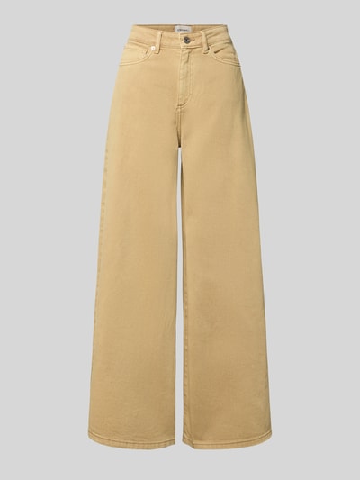 Produktfoto, Wide Leg Jeans im 5-Pocket-Design von Stefanel in Beige aus Reine Baumwolle, ausgestellter Schnitt, Knopf-Reißverschluss, Bundweite 37 cm, Innenbeinlänge 78 cm, Größe 36.