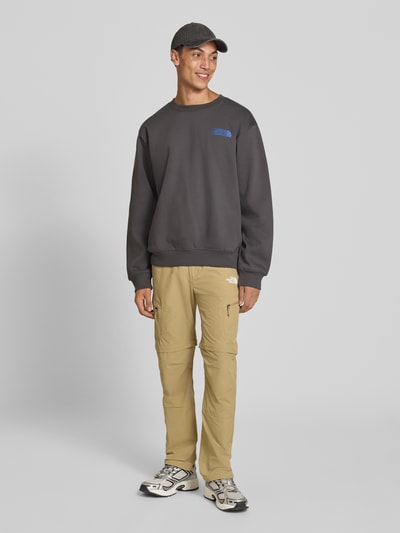 Mannenmodel draagt Relaxed Fit Sweatshirt uit katoenmix van The North Face in antraciet met logoprint, ronde hals, elastische boorden, Heren sweatshirt, ruglengte maat M 68 cm, mouwlengte maat M 68 cm, Ganzkörperansicht von voren.