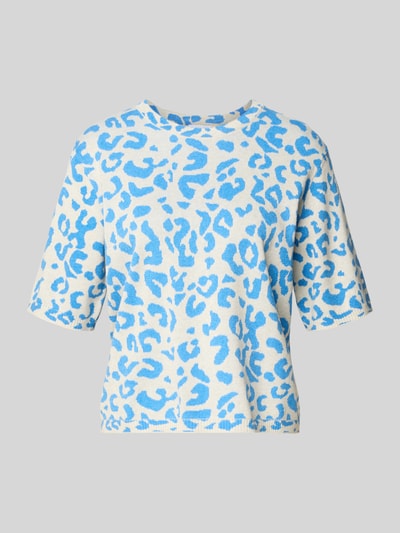 Produktfoto, Relaxed Fit Shirt aus Viskose-Anteil Modell 'Mayas' von Vila mit Strick-Optik, Halbarm und Allover-Animal-Print in Blau-Kombi.