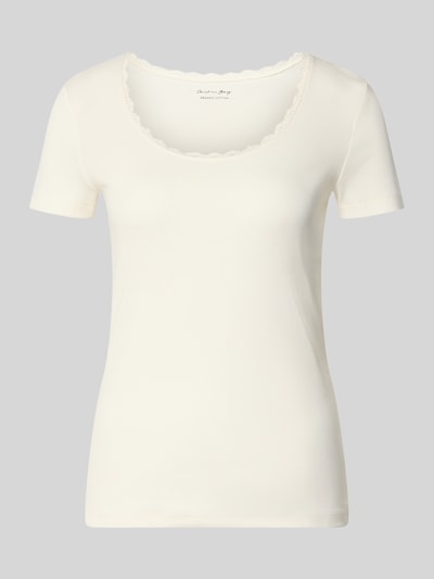 Produktfoto, Pyjama-Oberteil mit Spitzenbesatz von Christian Berg Woman, bawełna z elastanem, krój regular fit, faktura w prążki, biel